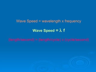 Wave Speed = wavelength x frequency Wave Speed  =    f (length/second) = (length/cycle) x (cycle/second) 
