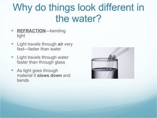 Why do things look different in the water? REFRACTION —bending light Light travels through  air  very fast—faster than water Light travels through water faster than through glass As light goes through material it  slows down  and bends 