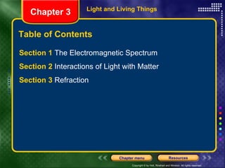 Table of Contents Section 1  The Electromagnetic Spectrum   Section 2  Interactions of Light with Matter Section 3  Refraction Chapter 3 Light and Living Things 