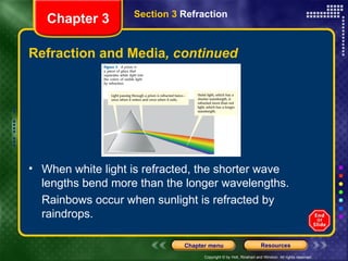 Refraction and Media , continued When white light is refracted, the shorter wave lengths bend more than the longer wavelengths. Rainbows occur when sunlight is refracted by raindrops. Chapter 3 Section 3  Refraction 