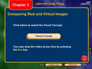 Comparing Real and Virtual Images Light and Living Things Click below to watch the Visual Concept. You may stop the video at any time by pressing  the   Esc  key. Visual Concept Chapter 3 