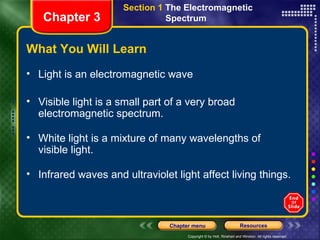 What You Will Learn Light is an electromagnetic wave Visible light is a small part of a very broad electromagnetic spectrum. White light is a mixture of many wavelengths of visible light. Infrared waves and ultraviolet light affect living things. Chapter 3 Section 1  The Electromagnetic  Spectrum  