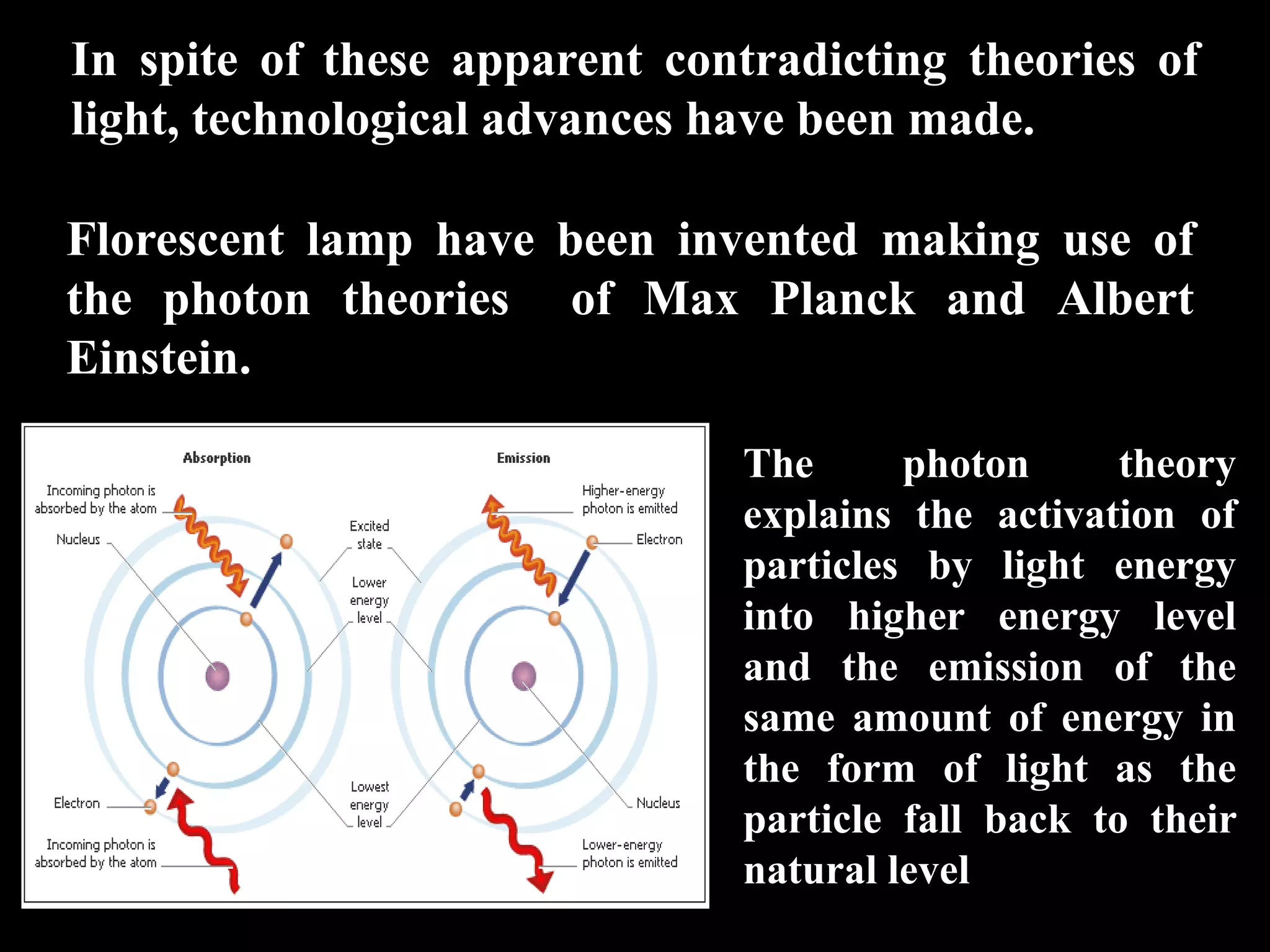 In spite of these apparent contradicting theories of
light, technological advances have been made.

Florescent lamp have been invented making use of
the photon theories of Max Planck and Albert
Einstein.

                              The      photon      theory
                              explains the activation of
                              particles by light energy
                              into higher energy level
                              and the emission of the
                              same amount of energy in
                              the form of light as the
                              particle fall back to their
                              natural level
 