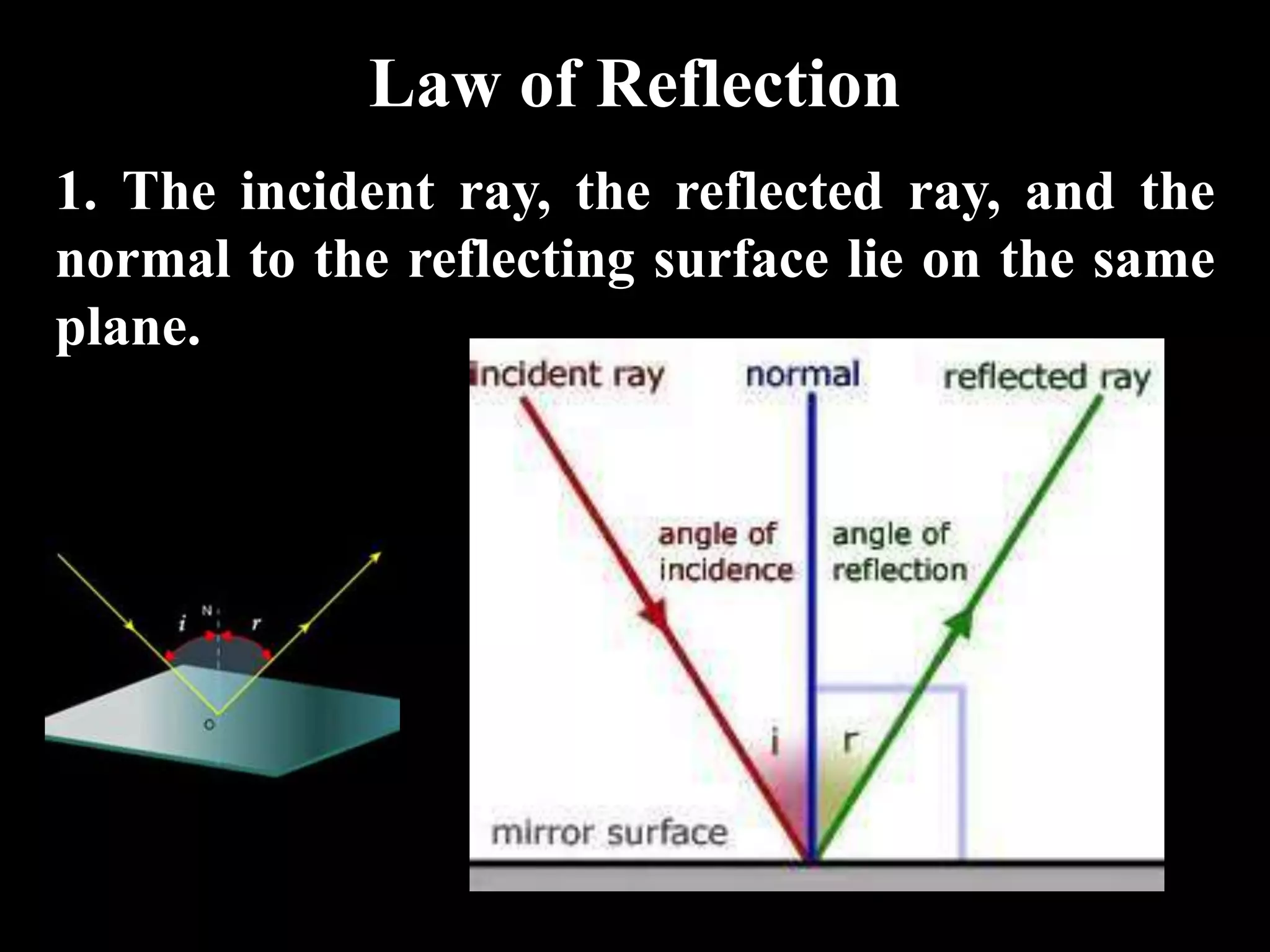 Law of Reflection
1. The incident ray, the reflected ray, and the
normal to the reflecting surface lie on the same
plane.
 
