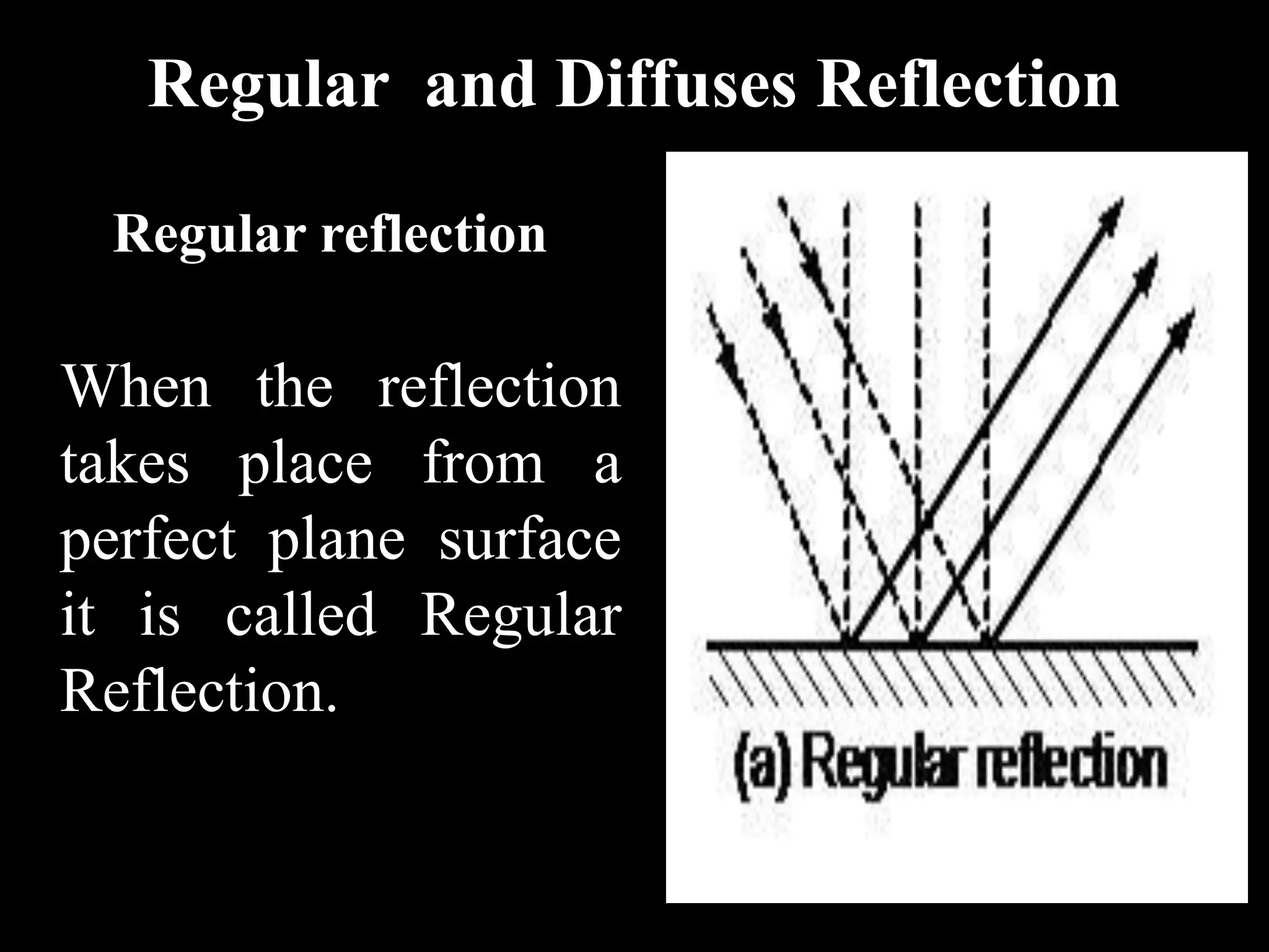 Regular and Diffuses Reflection

 Regular reflection

When the reflection
takes place from a
perfect plane surface
it is called Regular
Reflection.
 