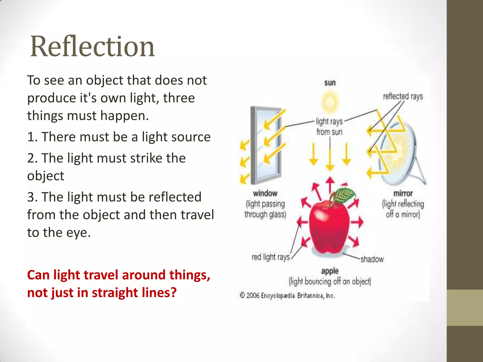 Reflection
To see an object that does not
produce it's own light, three
things must happen.
1. There must be a light source
2. The light must strike the
object
3. The light must be reflected
from the object and then travel
to the eye.
Can light travel around things,
not just in straight lines?
 