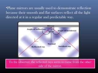 •Plane mirrors are usually used to demonstrate reflection
because their smooth and flat surfaces reflect all the light
directed at it in a regular and predictable way.
Insert image
To the observer, the reflected rays seem to come from the other
side of the mirror.
 