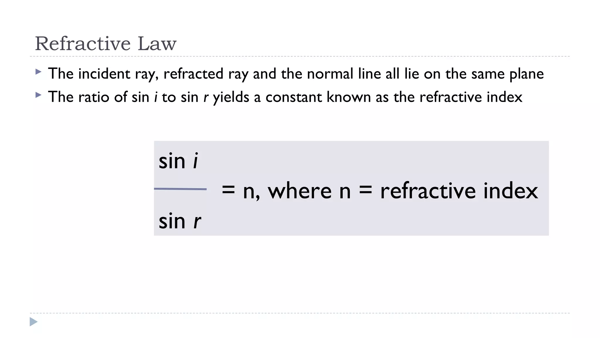 Refractive Law



The incident ray, refracted ray and the normal line all lie on the same plane
The ratio of sin i to sin r yields a constant known as the refractive index

sin i
= n, where n = refractive index
sin r

 