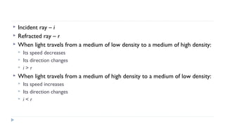 



Incident ray – i
Refracted ray – r
When light travels from a medium of low density to a medium of high density:






Its speed decreases
Its direction changes
i>r

When light travels from a medium of high density to a medium of low density:




Its speed increases
Its direction changes
i<r

 