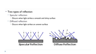 

Two types of reflection


Specular reflection




Occurs when light strikes a smooth and shiny surface

Diffused reflection


Occurs when light strikes an uneven surface

 