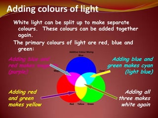 Adding colours of light
White light can be split up to make separate
colours. These colours can be added together
again.
The primary colours of light are red, blue and
green:
Adding blue and
red makes magenta
(purple)
Adding blue and
green makes cyan
(light blue)
Adding all
three makes
white again
Adding red
and green
makes yellow
 