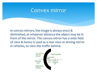 In convex mirrors, the image is always erect &
diminished, at whatever distance the object may be in
front of the mirror. The convex mirror has a wide field
of view & hence is used as a rear view or driving mirror
in vehicles, to view the traffic behind.
Convex mirror
 