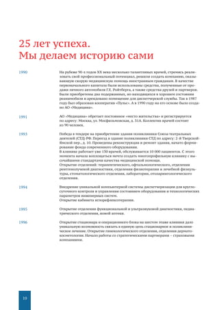 10
На рубеже 90-х годов XX века несколько талантливых врачей, стремясь реали-
зовать свой профессиональный потенциал, решили создать компанию, оказы-
вающую скорую медицинскую помощь иностранным гражданам. В качестве
первоначального капитала были использованы средства, полученные от про-
дажи личного автомобиля Г.Е. Ройтберга, а также средства друзей и партнеров.
Были приобретены два подержанных, но находящихся в хорошем состоянии
реанимобиля и арендовано помещение для диспетчерской службы. Так в 1987
году был образован кооператив «Пульс». А в 1990 году на его основе было созда-
но АО «Медицина».
АО «Медицина» обретает постоянное «место жительства» и регистрируется
по адресу: Москва, ул. Мосфильмовская, д. 31А. Коллектив врачей состоит
из 90 человек.
Победа в тендере на приобретение здания поликлиники Союза театральных
деятелей (СТД) РФ. Переезд в здание поликлиники СТД по адресу: 2-й Тверской-
Ямской пер., д. 10. Проведены реконструкция и ремонт здания, начато форми-
рование фонда современного оборудования.
В клинике работает уже 130 врачей, обслуживается 10 000 пациентов. С этого
момента начала воплощаться мечта создать многопрофильную клинику с вы-
сочайшими стандартами качества медицинской помощи.
Открытие отделений: терапевтического, офтальмологического, отделения
рентгенолучевой диагностики, отделения физиотерапии и лечебной физкуль-
туры, стоматологического отделения, лаборатории, отоларингологического
отделения.
Внедрение уникальной компьютерной системы диспетчеризации для кругло-
суточного контроля и управления состоянием оборудования и технологических
параметров инженерных систем.
Открытие кабинета иглорефлексотерапии.
Открытие отделения функциональной и ультразвуковой диагностики, педиа-
трического отделения, новой аптеки.
Открытие стационара и операционного блока на шестом этаже клиники дало
уникальную возможность связать в единую цепь стационарное и поликлини-
ческое лечение. Открытие гинекологического отделения, отделения дермато-
косметологии. Начало работы со стратегическими партнерами – страховыми
компаниями.
25 лет успеха.
Мы делаем историю сами
1990
1991
1993
1994
1995
1996
 