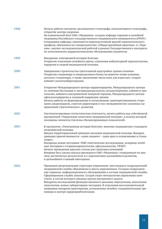 11
Начало работы магнитно-резонансного томографа, компьютерного томографа,
открытие центра здоровья.
На клинической базе ОАО «Медицина» создана кафедра терапии и семейной
медицины Российского государственного медицинского университета (РГМУ).
Сотрудники кафедры занимаются переподготовкой врачей терапевтического
профиля, обучением по специальностям «Общая врачебная практика» и «Тера-
пия», научно-исследовательской работой в рамках Государственного контракта
по комплексному кардиологическому обследованию пациентов.
Внедрение электронной истории болезни.
Открытие отделения семейного врача, отделения амбулаторной травматологии,
хирургии и скорой медицинской помощи.
Завершение строительства трехэтажной надстройки здания клиники.
Открытие стационара и операционного блока на девятом этаже клиники,
детского стационара, а также увеличение числа коек для взрослых; открыт
кабинет оксигенобаротерапии.
Открытие Международного центра кардиохирургии, Международного центра
по лечению бесплодия и экстракорпоральному оплодотворению, кабинета три-
хологии, кабинета внутривенной лазерной терапии, Международного центра
офтальмохирургии и лазерной коррекции зрения.
Начало работы по формированию и согласованию заинтересованными сторо-
нами (акционерами, советом директоров и топ-менеджментом) основных на-
правлений стратегического развития.
Систематизирована статистическая отчетность, начата работа над собственной
программой «Управление качеством медицинской помощи», в основу которой
положены элементы Системы сбалансированных показателей.
В программу «Электронная история болезни» внесены медицинские стандарты
медицинской помощи.
Введен территориальный принцип оказания медицинской помощи. Внедрен
принцип преемственности: «один пациент – один врач в поликлинике и стаци-
онаре».
Внедрены новые методики: ПЦР, генетические исследования, лазерные лечеб-
ные методики в оториноларингологии, офтальмологии, УВЭКТ.
Начато проведения круглых столов для страховых компаний.
Впервые был сделан доклад президента ОАО «Медицина» сотрудникам по ана-
лизу достигнутых результатов и о перспективах дальнейшего развития,
в дальнейшем ставший ежегодным.
Проведена реорганизация структуры управления: шестнадцать подразделений
медицинской службы объединены в шесть укрупненных. Создано подразделе-
ние сервисно-информационного обслуживания в составе медицинской службы.
Сформирована служба закупок. Создан отдел методологии управления каче-
ством, в состав которого введена группа внутреннего аудита.
Внедрены исследования функции внешнего дыхания, виртуальная, капсульная
эндоскопия, новые лабораторные методики. В отделении восстановительной
медицины внедрена криотерапия, установлены лечебно-оздоровительные тре-
нажеры в центре кардиореабилитации.
1998
1999
2000
2001
2002
2003
2004
 