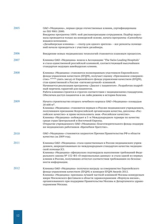 12
ОАО «Медицина», первая среди отечественных клиник, сертифицирована
по ISO 9001:2000.
Внедрена программа 100%-ной диспансеризации сотрудников. Подбор персо-
нала проводится только на конкурсной основе, начата программа «Самообуча-
ющаяся компания».
«Дизайнерская клиника» – «театр для одного зрителя» – все ремонты помеще-
ний начали проводиться с участием дизайнера.
Внедрение новых медицинских технологий становится плановым процессом.
Клиника ОАО «Медицина» вошла в Ассоциацию "The Swiss Leading Hospitals"
и стала единственной российской клиникой, соответствующей высочайшим
стандартам ведущих швейцарских клиник.
Клиника «Медицина» становится полноправным участником Европейского
фонда управления качеством (EFQM), получает оценку «Признанное совершен-
ство» ***** (пять звезд) от Европейского фонда управления качеством (EFQM),
став единственной в России «пятизвездочной» клиникой.
Начинается реализация программы «Диалог с пациентом». Разработан подроб-
ный перечень гарантий для пациентов.
Работа клиники строится в строгом соответствии с медицинскими стандартами.
Обеспечен доступ пациентов в он-лайн режиме к истории болезни.
Начато строительство второго лечебного корпуса ОАО «Медицина» площадью
20 600 м².
Клиника «Медицина» становится первым в России медицинским учреждением,
получившим признание Всероссийской организации качества, дипломы «Рос-
сийское качество» и право использовать знак «Российское качество».
Клиника «Медицина» побеждает в 5-м Международном турнире по качеству
среди стран Центральной и Восточной Европы.
Открытие учрежденного ОАО «Медицина» Благотворительного фонда поддерж-
ки медицинских работников «Врачебное братство».
ОАО «Медицина» становится лауреатом Премии Правительства РФ в области
качества (за 2009 год).
Клиника ОАО «Медицина» стала единственным в России медицинским учреж-
дением, аккредитованным по международным стандартам качества медицин-
ской помощи JCI.
Клиника «Медицина» официально подтвердила выполнение требований Феде-
рального закона № 152-ФЗ «О персональных данных» и стала одной из первых
клиник в России, получивших аттестат соответствия требованиям по безопас-
ности информации.
Клиника ОАО «Медицина» получила награду за совершенство Европейского
фонда управления качеством (EFQM) в конкурсе EFQM Awards 2012.
Клиника «Медицина» признана лучшей частной клиникой Москвы конкурсным
жюри Московского фестиваля в области здравоохранения «Формула жизни»,
организованного при поддержке Правительства Москвы и Департамента здраво-
охранения Москвы.
2005
2006
2007
2008
2009
2010
2011
2012
 
