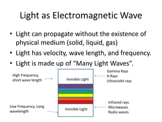Light as Electromagnetic Wave
• Light can propagate without the existence of
physical medium (solid, liquid, gas)
• Light has velocity, wave length, and frequency.
• Light is made up of “Many Light Waves”.
Invisible Light
Invisible Light
Gamma Rays
X-Rays
Ultraviolet rays
Infrared rays
Microwaves
Radio waves
High Frequency,
short wave length
Low Frequency, Long
wavelength
 