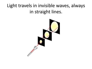 Light travels in invisible waves, always
in straight lines.
 