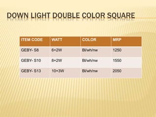 DOWN LIGHT DOUBLE COLOR SQUARE
ITEM CODE WATT COLOR MRP
GEBY- S8 6+2W Bl/wh/nw 1250
GEBY- S10 8+2W Bl/wh/nw 1550
GEBY- S13 10+3W Bl/wh/nw 2050
 