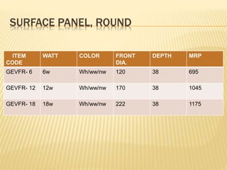 SURFACE PANEL, ROUND
ITEM
CODE
WATT COLOR FRONT
DIA.
DEPTH MRP
GEVFR- 6 6w Wh/ww/nw 120 38 695
GEVFR- 12 12w Wh/ww/nw 170 38 1045
GEVFR- 18 18w Wh/ww/nw 222 38 1175
 
