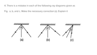 4. There is a mistake in each of the following ray diagrams given as
Fig. a, b, and c. Make the necessary correction (s). Explain it
 