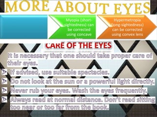 Defects of
Vision
Myopia (short-
sightedness) can
be corrected
using concave
lens
Hypermetropia
(long-sightedness)
can be corrected
using convex lens