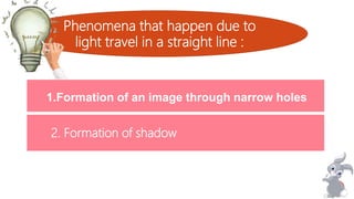 Phenomena that happen due to
light travel in a straight line :
1.Formation of an image through narrow holes
2. Formation of shadow
 