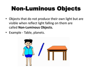 Non-Luminous Objects
• Objects that do not produce their own light but are
visible when reflect light falling on them are
called Non-Luminous Objects.
• Example - Table, planets.
 