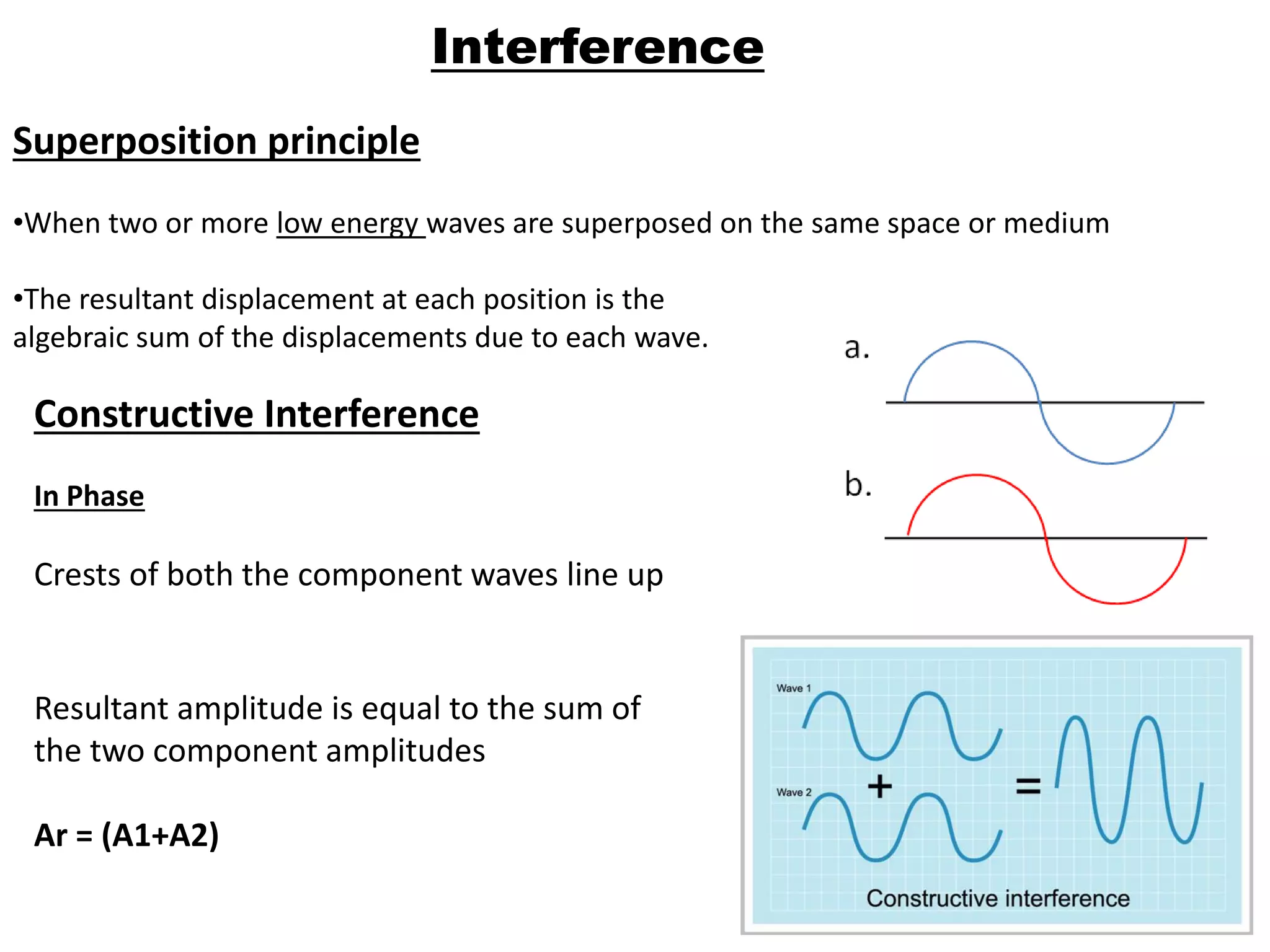 Interference
Superposition principle
•When two or more low energy waves are superposed on the same space or medium
•The resultant displacement at each position is the
algebraic sum of the displacements due to each wave.
Constructive Interference
In Phase
Crests of both the component waves line up
Resultant amplitude is equal to the sum of
the two component amplitudes
Ar = (A1+A2)
 