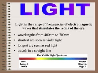 • wavelengths from 400nm to 700nm
• shortest are seen as violet light
• longest are seen as red light
• travels in a straight line
Light is the range of frequencies of electromagnetic
waves that stimulates the retina of the eye.
 