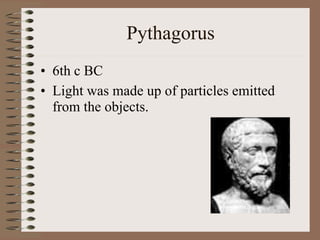 Pythagorus
• 6th c BC
• Light was made up of particles emitted
from the objects.
 