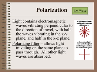 Polarization
Light contains electromagnetic
waves vibrating perpendicular to
the direction of travel, with half
the waves vibrating in the x-y
plane, and half in the x-z plane.
Polarizing filter – allows light
traveling on the same plane to
pass through. All other light
waves are absorbed.
EM Wave
 