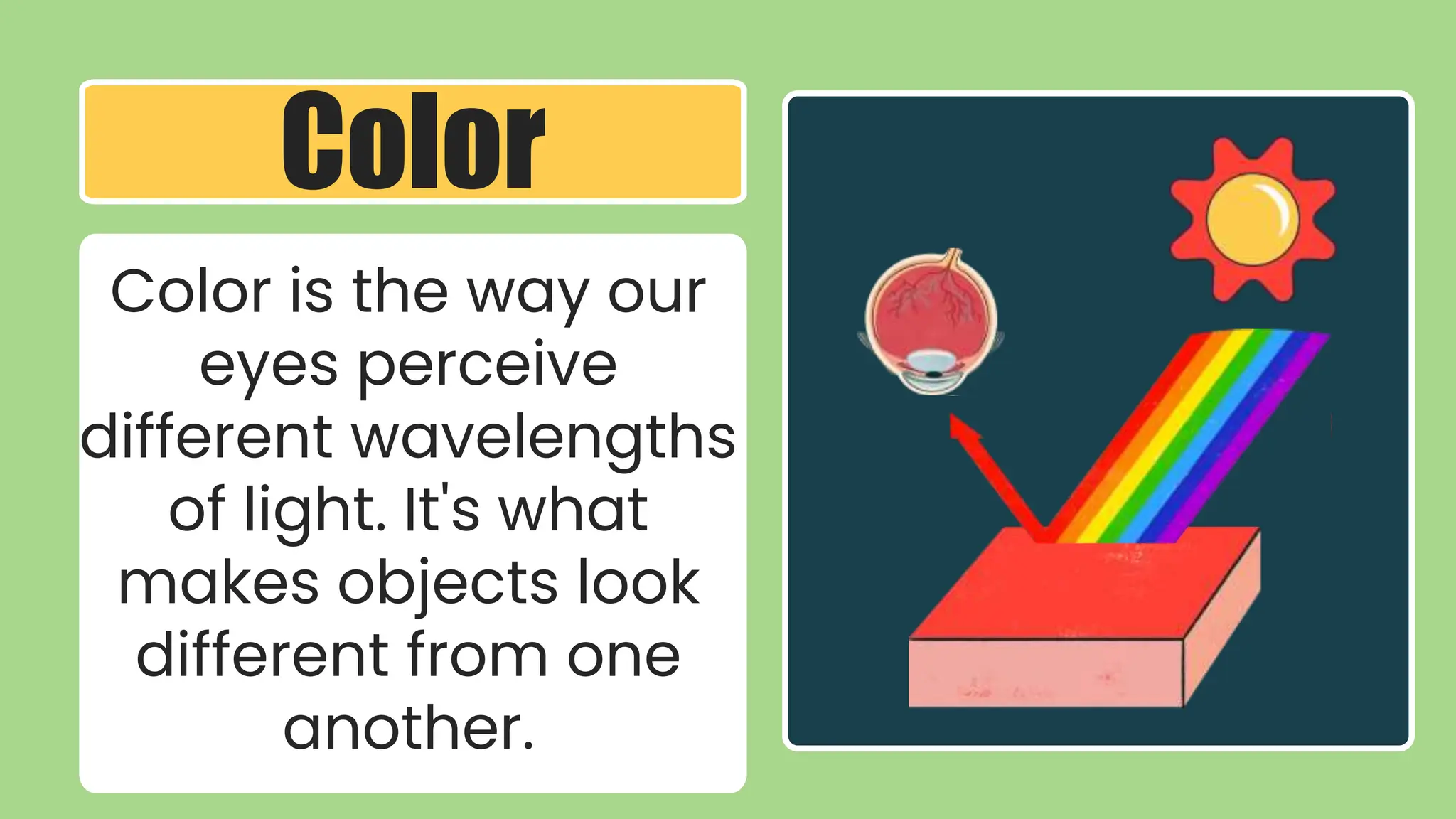 Color is the way our
eyes perceive
different wavelengths
of light. It's what
makes objects look
different from one
another.
Color
 