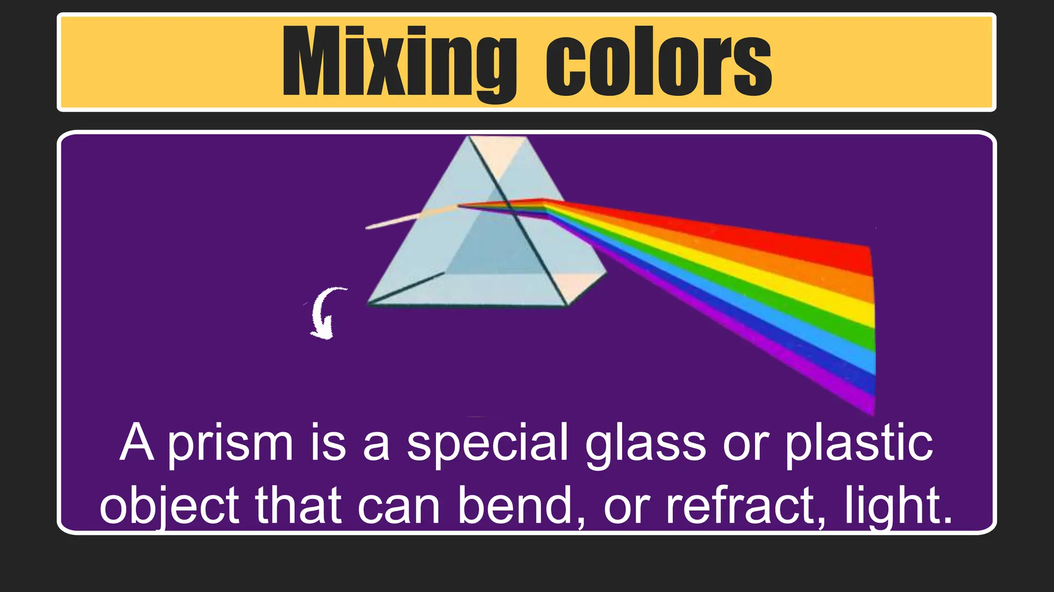 Mixing colors
A prism is a special glass or plastic
object that can bend, or refract, light.
 