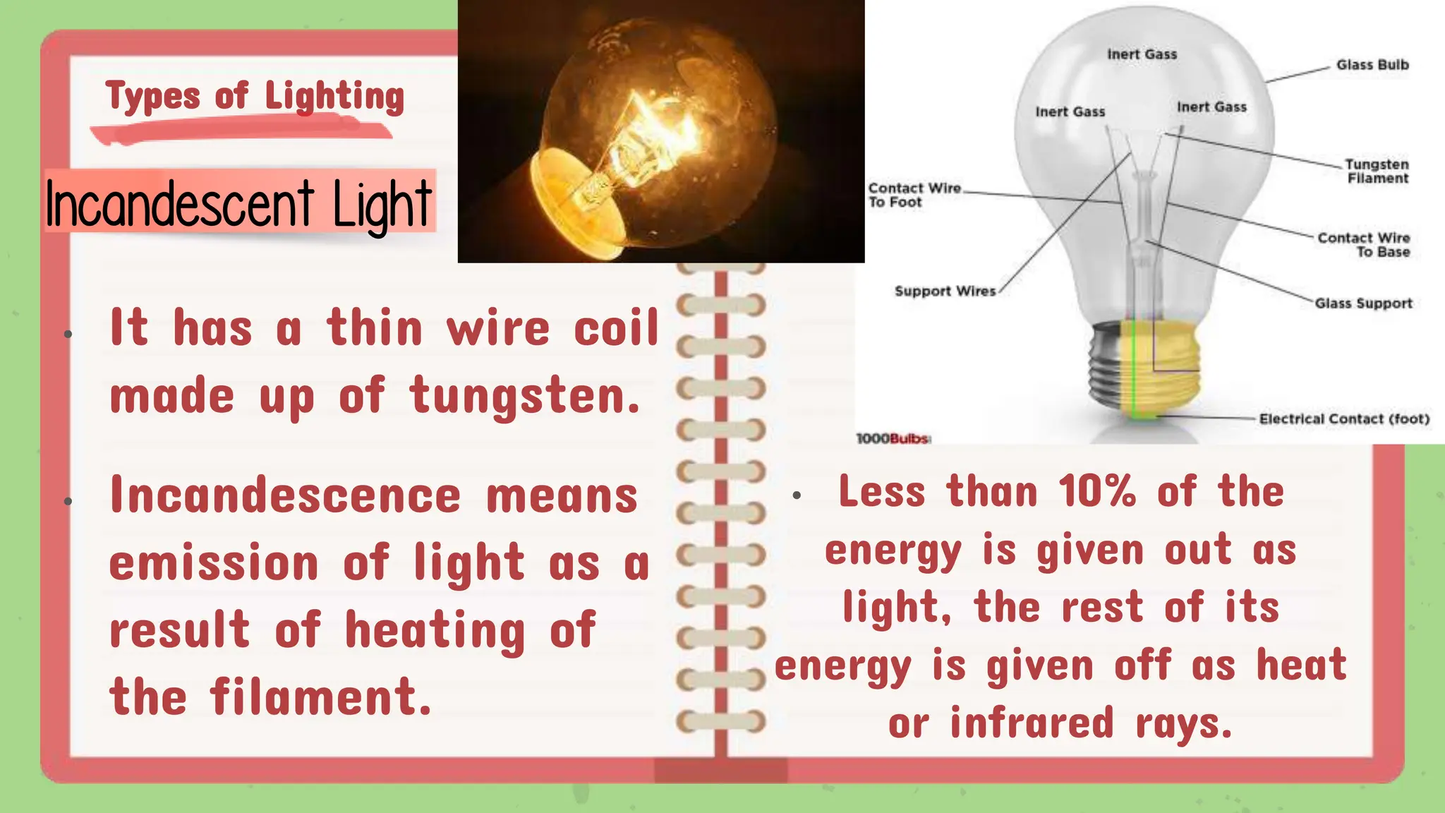 Types of Lighting
• It has a thin wire coil
made up of tungsten.
• Incandescence means
emission of light as a
result of heating of
the filament.
Incandescent Light
• Less than 10% of the
energy is given out as
light, the rest of its
energy is given off as heat
or infrared rays.
 