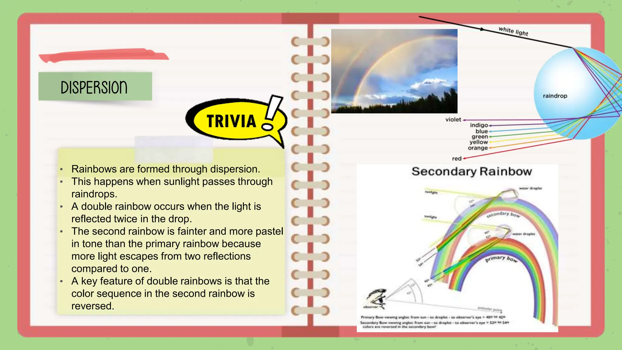 DISPERSION
• Rainbows are formed through dispersion.
• This happens when sunlight passes through
raindrops.
• A double rainbow occurs when the light is
reflected twice in the drop.
• The second rainbow is fainter and more pastel
in tone than the primary rainbow because
more light escapes from two reflections
compared to one.
• A key feature of double rainbows is that the
color sequence in the second rainbow is
reversed.
 