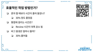 효율적인 작업 방법인가?
❏ 혼자 할 때보다 시간이 줄어 들었나?
❏ 30% 정도 줄었음
❏ 통합에 걸리는 시간은?
❏ Review 시간이 대폭 감소 됨
❏ 버그 발생은 얼마나 줄까?
❏ 30% 줄어듦
 