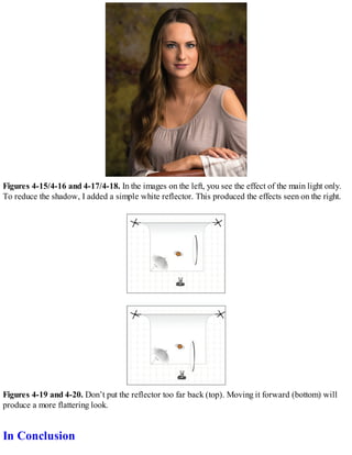 Figures 4-15/4-16 and 4-17/4-18. In the images on the left, you see the effect of the main light only.
To reduce the shadow, I added a simple white reflector. This produced the effects seen on the right.
Figures 4-19 and 4-20. Don’t put the reflector too far back (top). Moving it forward (bottom) will
produce a more flattering look.
In Conclusion
 