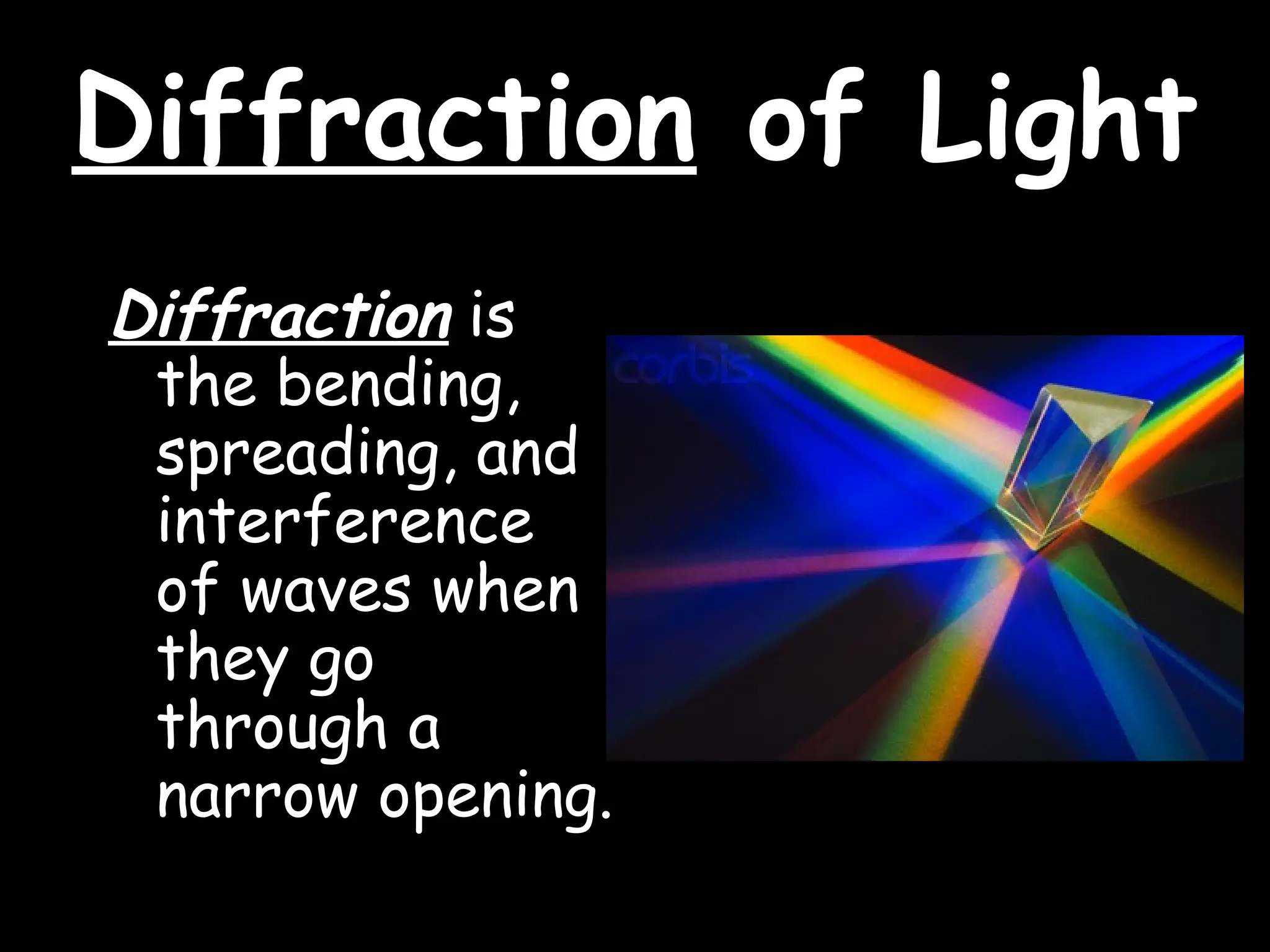 Diffraction
Diffraction of Light
of Light
Diffraction is
the bending,
spreading, and
interference
of waves when
they go
through a
narrow opening.
 