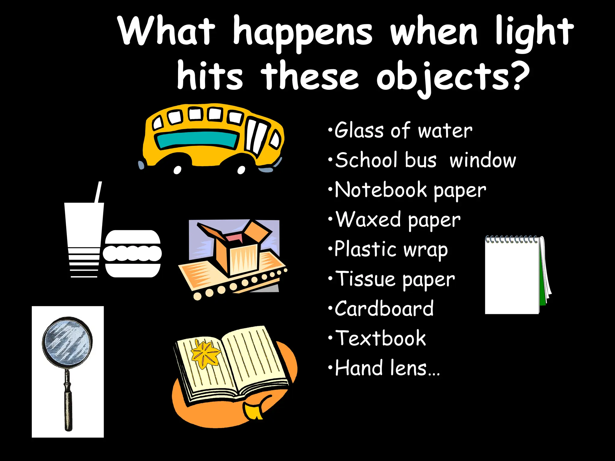 What happens when light
What happens when light
hits these objects?
hits these objects?
•Glass of water
•School bus window
•Notebook paper
•Waxed paper
•Plastic wrap
•Tissue paper
•Cardboard
•Textbook
•Hand lens…
 