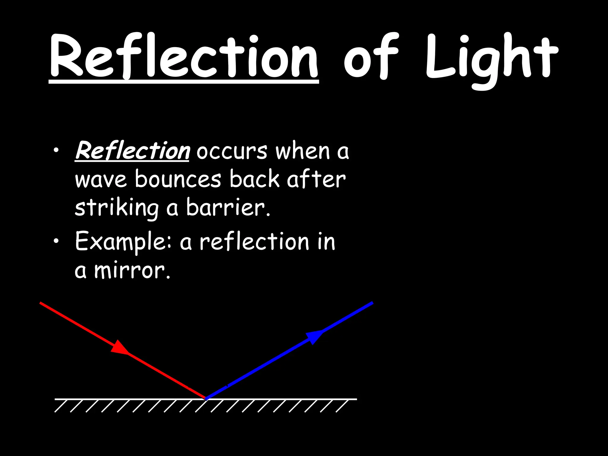 Reflection
Reflection of Light
of Light
• Reflection occurs when a
wave bounces back after
striking a barrier.
• Example: a reflection in
a mirror.
 