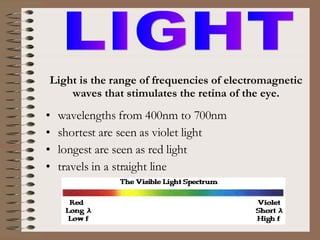 wavelengths from 400nm to 700nm shortest are seen as violet light longest are seen as red light travels in a straight line LIGHT Light is the range of frequencies of electromagnetic waves that stimulates the retina of the eye. 