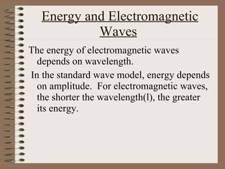 Energy and Electromagnetic Waves   The energy of electromagnetic waves depends on wavelength .  In the standard wave model, energy depends on amplitude.  For electromagnetic waves, the shorter the wavelength( l) , the greater its energy. 
