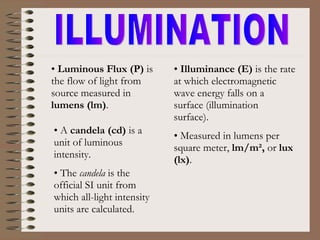 ILLUMINATION Luminous Flux (P)  is the flow of light from source measured in  lumens (lm) . Illuminance (E)  is the rate at which electromagnetic wave energy falls on a surface (illumination surface). Measured in lumens per square meter,  lm/m²,  or  lux (lx) . A  candela (cd)  is a unit of luminous intensity. The  candela  is the official SI unit from which all-light intensity units are calculated. 