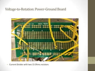 Voltage-to-Rotation:Power-GroundBoard
• Current Divider with two 15 Ohms resistors
 