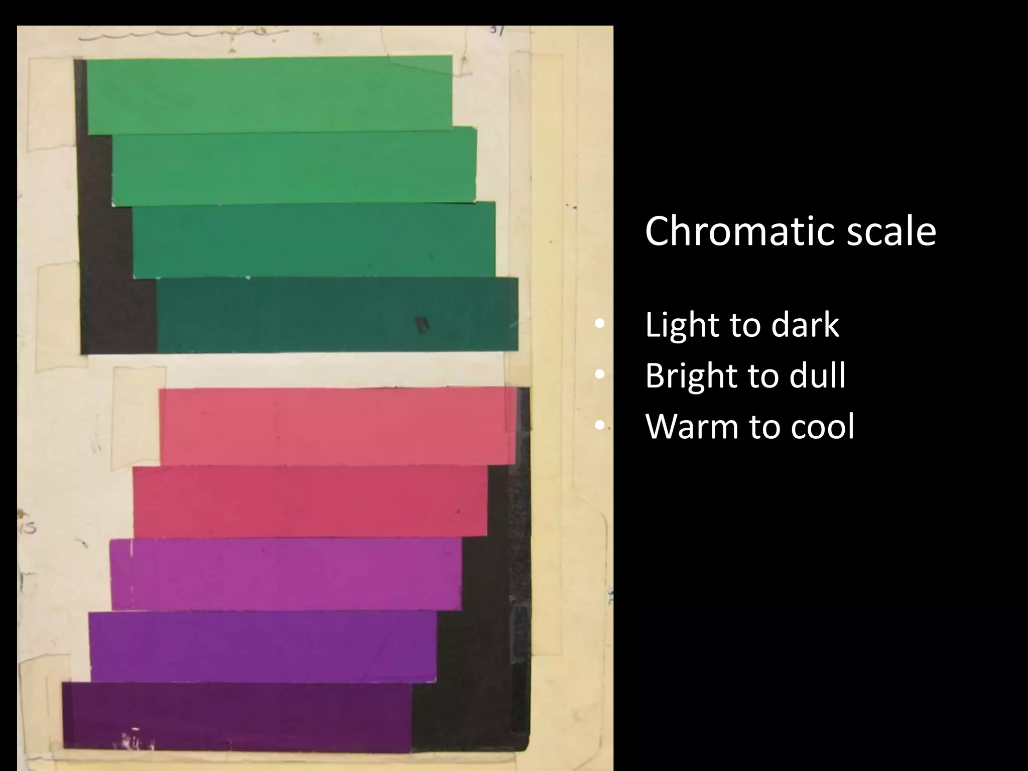 Chromatic scale
• Light to dark
• Bright to dull
• Warm to cool
 