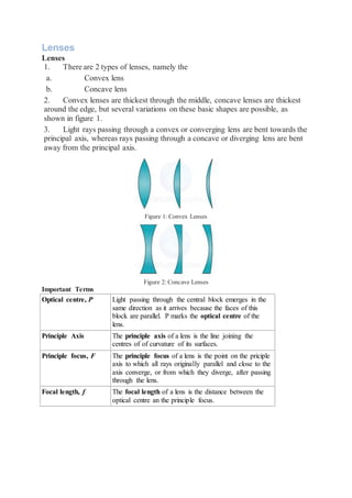 Lenses
Lenses
1. There are 2 types of lenses, namely the
a. Convex lens
b. Concave lens
2. Convex lenses are thickest through the middle, concave lenses are thickest
around the edge, but several variations on these basic shapes are possible, as
shown in figure 1.
3. Light rays passing through a convex or converging lens are bent towards the
principal axis, whereas rays passing through a concave or diverging lens are bent
away from the principal axis.
Figure 1: Convex Lenses
Figure 2: Concave Lenses
Important Terms
Optical centre, P Light passing through the central block emerges in the
same direction as it arrives because the faces of this
block are parallel. P marks the optical centre of the
lens.
Principle Axis The principle axis of a lens is the line joining the
centres of of curvature of its surfaces.
Principle focus, F The principle focus of a lens is the point on the priciple
axis to which all rays originally parallel and close to the
axis converge, or from which they diverge, after passing
through the lens.
Focal length, f The focal length of a lens is the distance between the
optical centre an the principle focus.
 