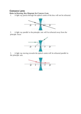 Concave Lens
Rules in Drawing Ray Diagram for Concave Lens
1. A light ray passes through the optical centre of the lens will not be refracted.
2. A light ray parallel to the principle axis will be refracted away from the
principle focus
3. A light ray moving towards the optical centre will be refracted parallel to
the principle axis.
 