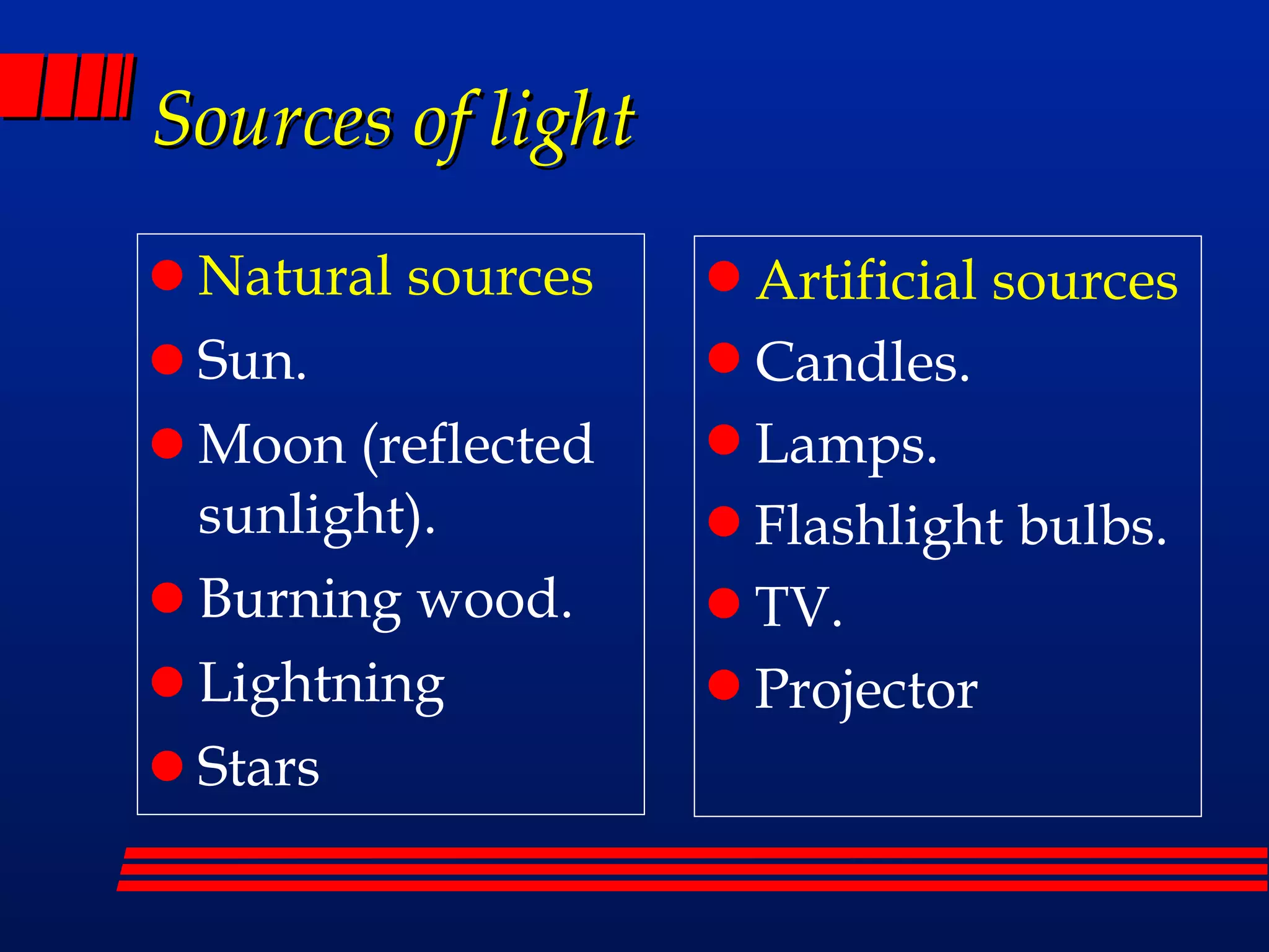 Sources of light Natural sources Sun. Moon (reflected sunlight). Burning wood. Lightning Stars Artificial sources Candles. Lamps. Flashlight bulbs. TV. Projector