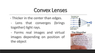 Convex Lenses
- Thicker in the center than edges.
- Lens that converges (brings
together) light rays.
- Forms real images and virtual
images depending on position of
the object
The Magnifier
 