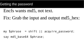 Getting the password
Encfs wants md5, not text.
Fix: Grab the input and output md5_hex:
my $phrase = shift || acquire_password;
say md5_base64 $phrase;
 